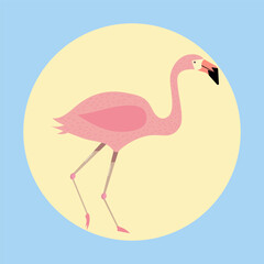 Flamingo in flat style against the background of the sun and sky.