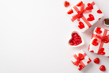 Valentine's Day concept. Top view photo of present boxes with red ribbon bows heart shaped saucer with sprinkles and chocolate candies on isolated white background with copyspace