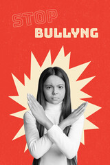 Demonstration billboard collage advertising school kid behavior change serious kid cross arms show...
