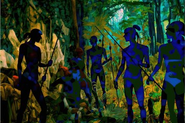 Obraz na płótnie Canvas amazon art, hunters in the jungle, pop art, abstraction, convas print