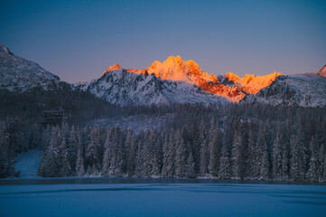 The High Tatras at their most peaceful, seen from Strbske pleso lake on a crisp winter morning