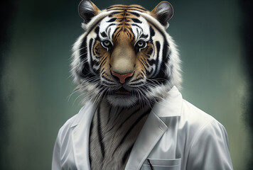 Portrait of a tiger in a doctor medical uniform, generative ai