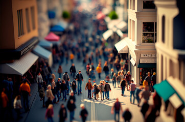 Obraz premium pedestrian street of a tourist town with shops and people walking, generative ai
