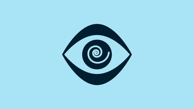 Blue Hypnosis icon isolated on blue background. Human eye with spiral hypnotic iris. 4K Video motion graphic animation