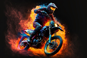 A motocross rider riding a motocross bike  burning on fire of different colors. Generative ai. - obrazy, fototapety, plakaty