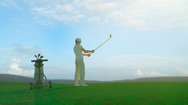 a man playing golf on a golf course 3d render 