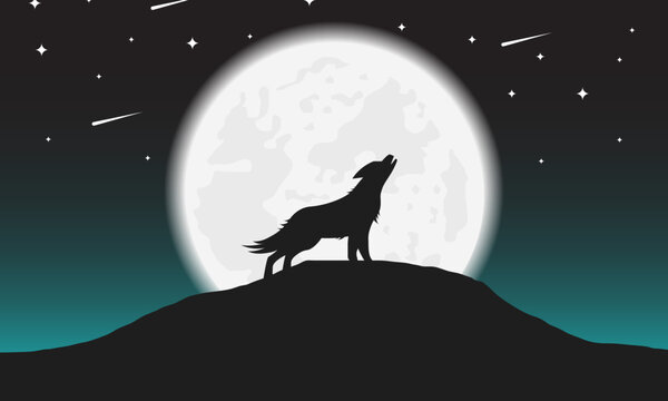 Silhouette of The Wolf Howling to The Moon at Night Landscape. Vector Illustration