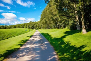 Fototapeta na wymiar Illustration photo of a long path road in the middle of green grass, blue sky and trees in background