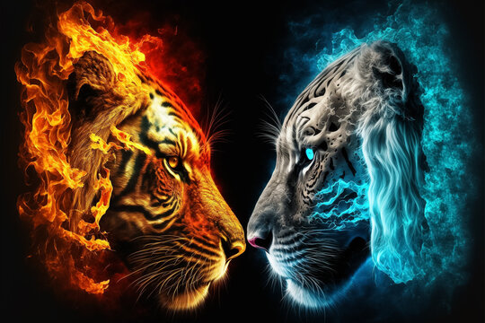A warm good tiger against a cold bad tiger face to face. Generative ai