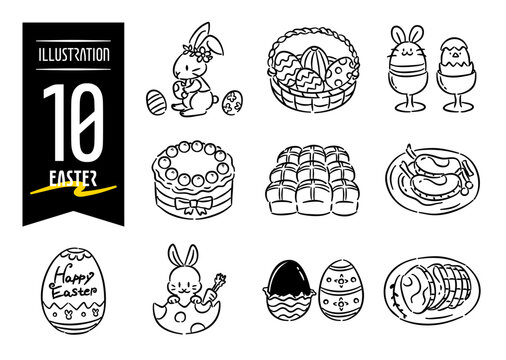 Set of 10 hand-drawn pop-style icon illustrations with easter motifs