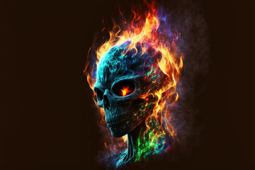 An alien burning on fire of different colors. Generative ai.