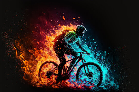 A cyclist riding an MTB  burning on fire of different colors. Generative ai. 