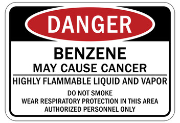 Benzene warning chemical sign and labels benzene may cause cancer, highly flammable liquid and vapor, do not smoke, wear respiratory protection in this area, authorized personnel only