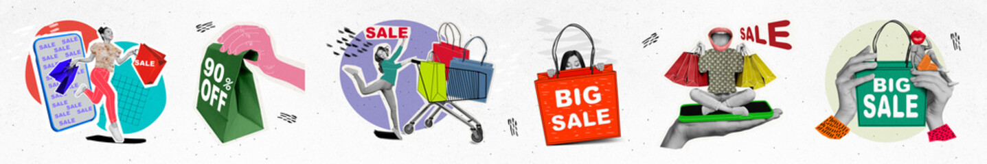 Collage photo panorama of shopping sale promo woman run with packages smartphone high percent deal...