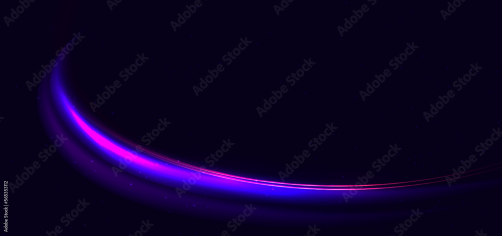 Wall mural Abstract technology futuristic neon curved glowing blue and pink light lines with speed motion blur effect on dark blue background.