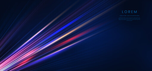 Abstract technology futuristic neon horizontal glowing blue and pink  light lines with speed motion blur effect on dark blue background.