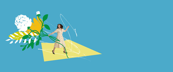 Creative colorful design. Beautiful young girl in retro dress walking with cute bouquet of summer flowers over blue background. Concept of holiday, women's day, celebration. Banner. Copy space for ad