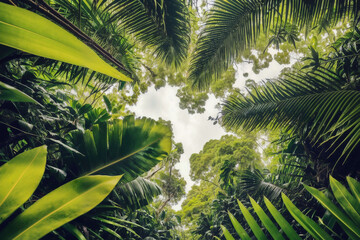 a wide angle photo of a very dense tropical forest from below