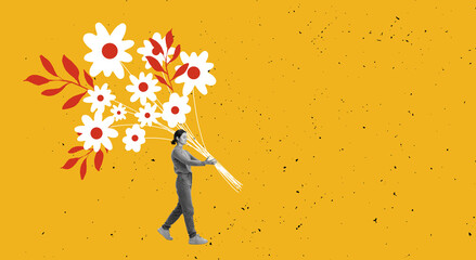 Creative colorful design. Young girl in casual clothes carrying summer flower bouquet over yellow...