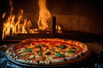 Foto op Plexiglas italiänische Pizza im Steinofen (Generative AI) © Mario