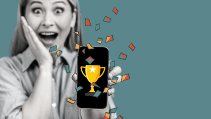 Happy winner, champion! Shocked amazed asian senior mature woman in casual showing blank smartphone screen while looking at the camera isolated over blue background. Illustration vector collage.