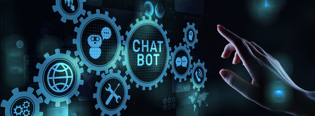 Chatbot computer program designed for conversation with human users over the Internet. Support and customer service automation technology concept.