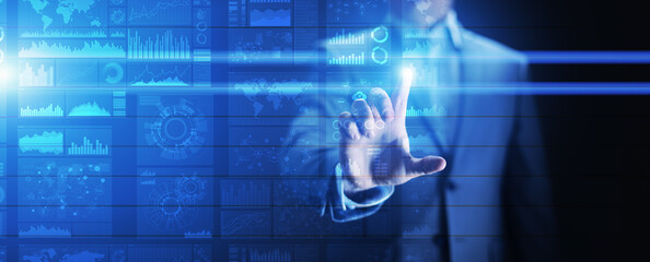 Applications icons on virtual screen, technology, development background concept.