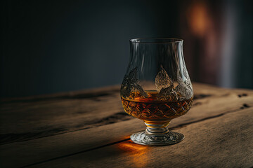 Whisky in an elegant bar, with a beautiful reflection of light on the glass. A pleasant and relaxing moment.