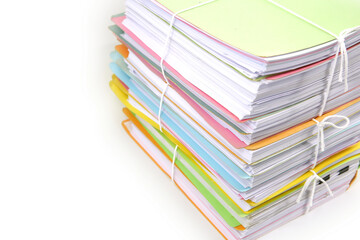 Pile or heap of financial business document paperwork stack on office desk concept of workload overtime or workplace paperless copy