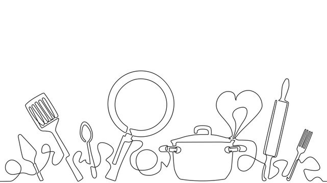 Vector seamless pattern that repeating horizontally with kitchen utensils and empty space for text above them. Background on the theme of cooking.  