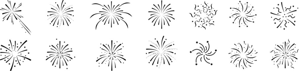 Set of firework icons.Fireworks with stars and sparks isolated on white background.Firework simple black line icons.