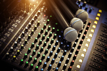 Close-up microphone and sound mixer in studio for sound record control system and audio equipment and music instrument