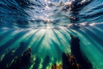 Illustration photo of Sunbeams shining underwater in the green sea