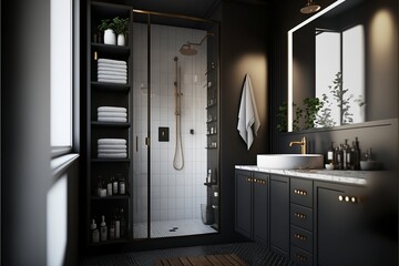 Luxury scandinavian interior style black color bathroom with washbasin and shower cabin