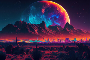 Fototapeta na wymiar nightscape of psychedelic and neon colors, Skyline with futuristic city skyscrapers and desert landscape. Generative Ai