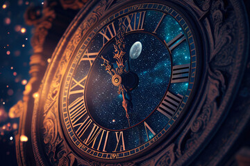 Fototapeta premium Overlapping the board of an old clock on the starry night sky to express the passage of time abstractly. Generative Ai