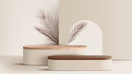 3D realistic wooden podium platform stand decoration with brown palm leaves backdrop - obrazy, fototapety, plakaty