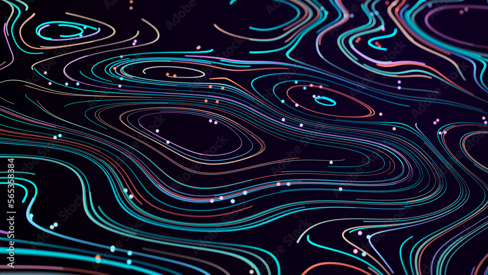 Poster abstract digital background from rounded colored lines. information flow space. big data visualizati