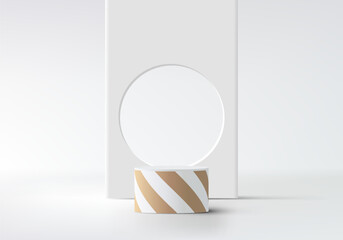 3D realistic luxury white podium cylinder platform stand with golden spiral stripes lines with white circle backdrop