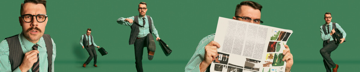 Collage. Stylish man, businessman in official suit posing with different emotions over green studio...