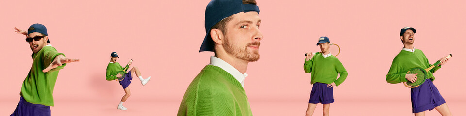 Collage. Young man in vintage clothes, cap, shorts and sweater posing with tennis racket over pink background. Concept of retro fashion, sport, 90s, lifestyle, youth, emotions. facial expression. Ad
