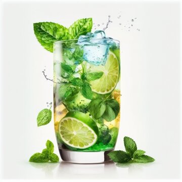 Wasser mit Minze und Limone / Mojito Cocktail mit Eiswürfeln (Generative AI)
