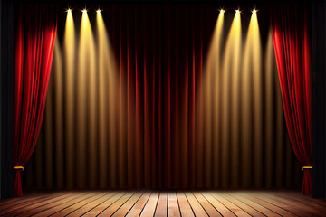 Theater stage with red curtains are opening with spotlight performance lights showing