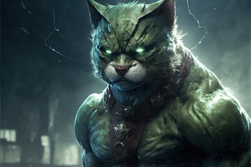 green bad cat hero illustration genrative ai