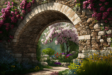 Flower garden with an old stone arch, gartens and roses. AI