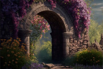 Fototapeta na wymiar Flower garden with an old stone arch, gartens and roses. AI