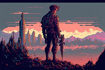 a man with a rifle standing on a mountain and watching the desert city at dawn, retro design, game design, ai art, 8 bit, retro
