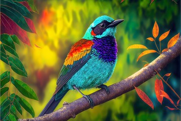 Bright exotic bird in a tropical garden, sunlight. AI