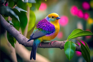 Rolgordijnen Bright exotic bird in a tropical garden, sunlight. AI © MiaStendal