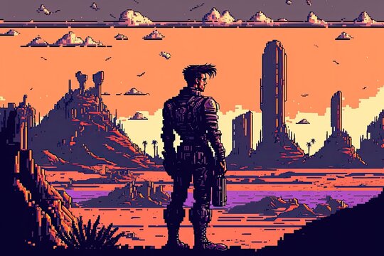 a soldier standing in the desert and watching the sun rise, 8 bit, ai art, retro, game art, pixelart